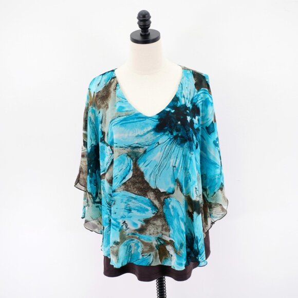 Zac & Rachel Teal Gray Floral V-Neck Ponco Flutter Sleeveless Blouse Top XL Poly - Picture 1 of 9
